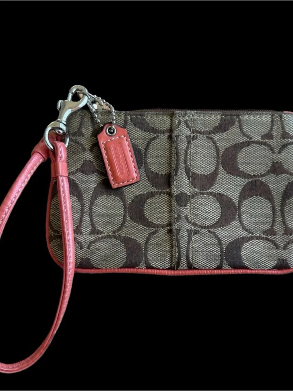 Coach Brown Signature Canvas Wristlet with Coral Trim